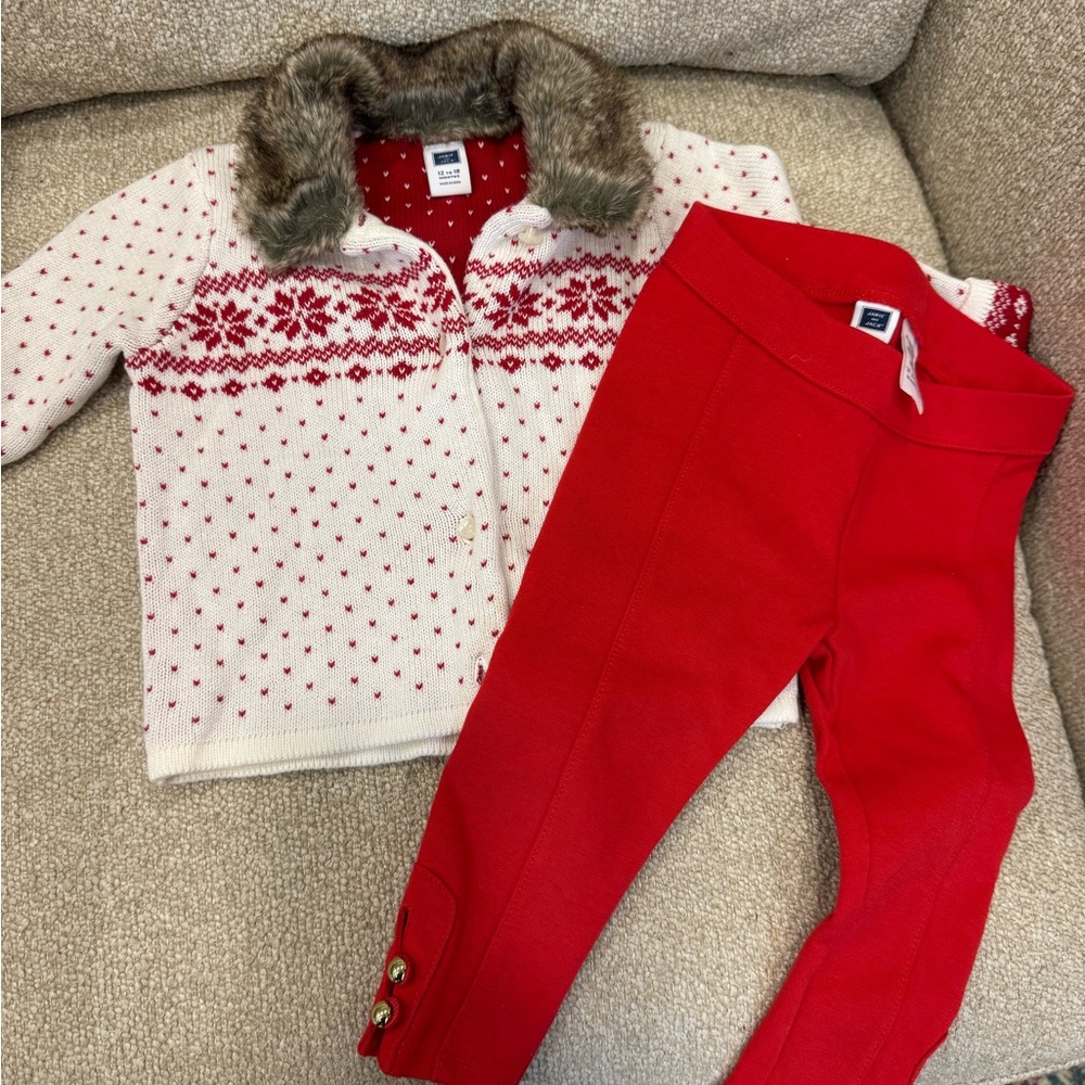 Janie and Jack Red and White Sweater with Faux Fur Collar